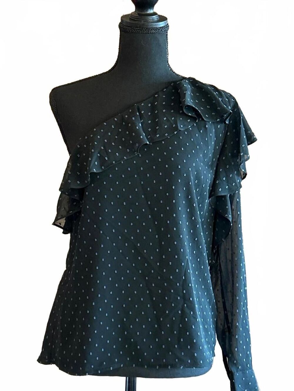 NWT Avec Les Filles Black Blue Polka Dot One Shoulder Ruffle Blouse Small Sheer